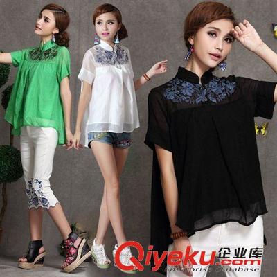 FA7065 民族風女裝 2014夏季新款繡花立領寬松短袖雪紡衫批發